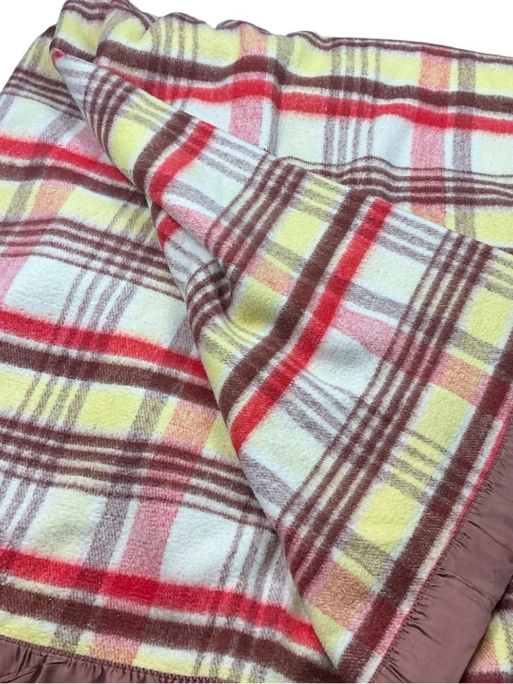 Vintage plaid brown/yellow/red wool blanket W/satin binding 70 x 82